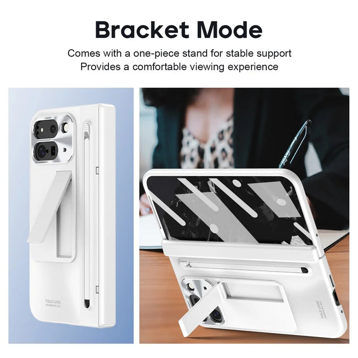 For Google Pixel 9 Pro Fold 5G Case Kickstand Hinge PC Phone Cover with Tempered Glass Film, Stylus - White - 7
