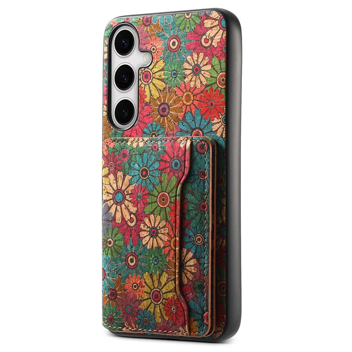 For Samsung Galaxy S24 Cases Kickstand PU+TPU+PC Floral Pattern Phone Cover Card Holder - Spring / Green - 1