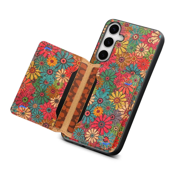 For Samsung Galaxy S24 Cases Kickstand PU+TPU+PC Floral Pattern Phone Cover Card Holder - Spring / Green - 3