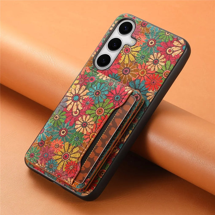 For Samsung Galaxy S24 Cases Kickstand PU+TPU+PC Floral Pattern Phone Cover Card Holder - Spring / Green - 6