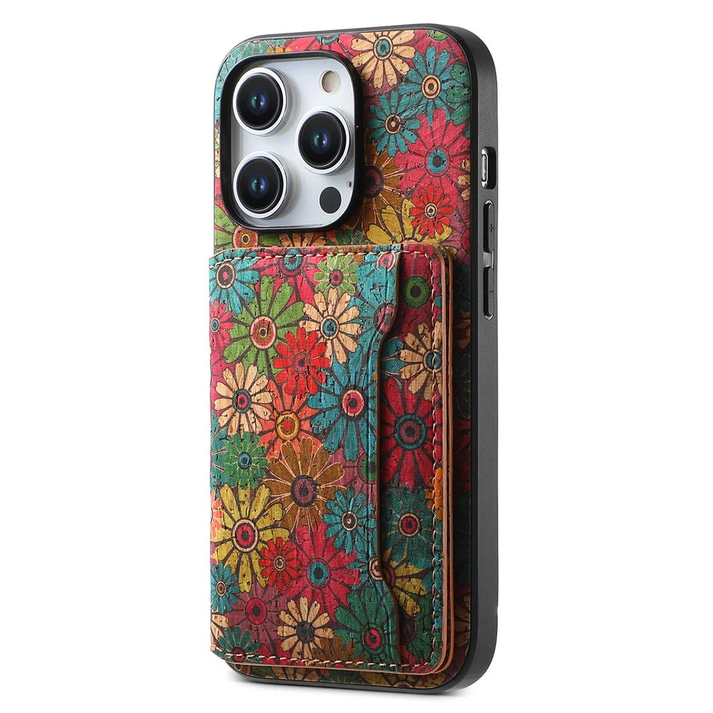 For iPhone 15 Pro Kickstand Case Card Holder PU+TPU+PC Phone Cover with Floral Pattern - Spring  /  Green - 1