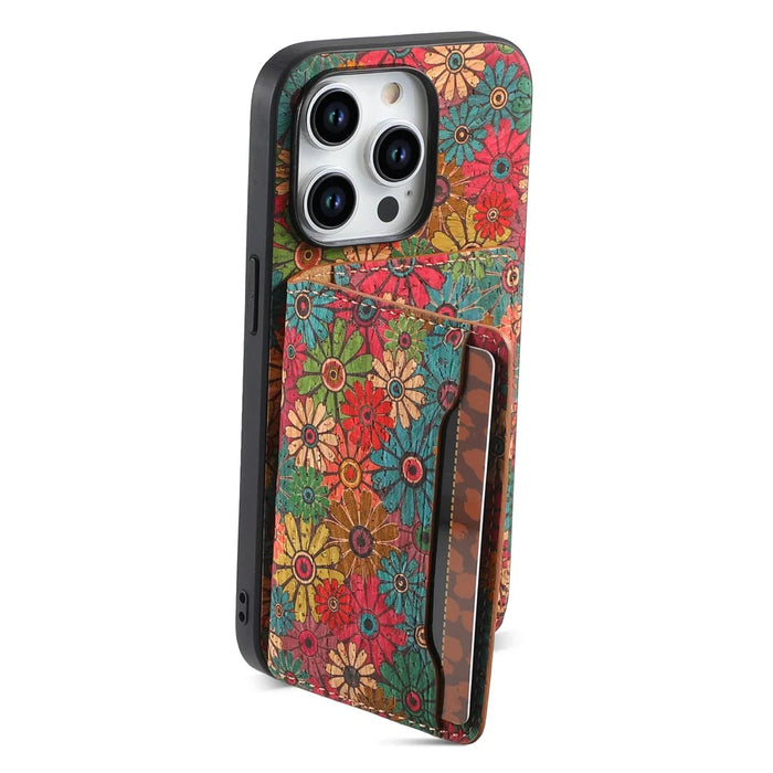 For iPhone 15 Pro Kickstand Case Card Holder PU+TPU+PC Phone Cover with Floral Pattern - Spring  /  Green - 4