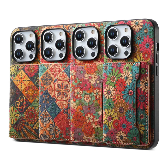 For iPhone 15 Pro Kickstand Case Card Holder PU+TPU+PC Phone Cover with Floral Pattern - Spring  /  Green - 5