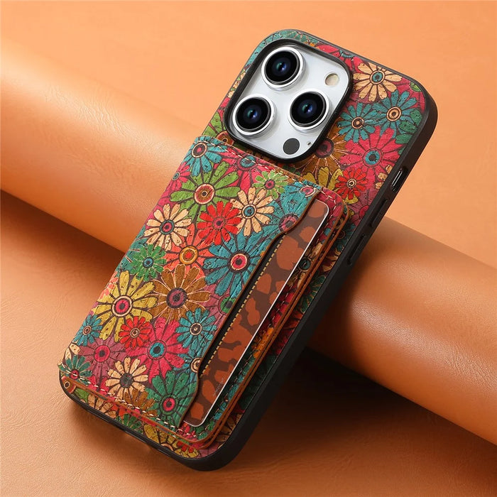 For iPhone 15 Pro Kickstand Case Card Holder PU+TPU+PC Phone Cover with Floral Pattern - Spring  /  Green - 6