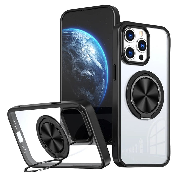 For iPhone 15 Pro Max Clear Case Rotating Kickstand TPU+PC Anti-drop Phone Cover Magnetic Shell - Black - 1