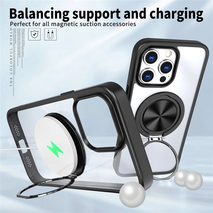 For iPhone 15 Pro Max Clear Case Rotating Kickstand TPU+PC Anti-drop Phone Cover Magnetic Shell - Black - 2