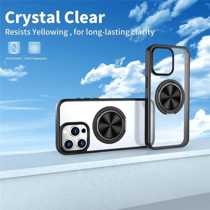 For iPhone 15 Pro Max Clear Case Rotating Kickstand TPU+PC Anti-drop Phone Cover Magnetic Shell - Black - 4