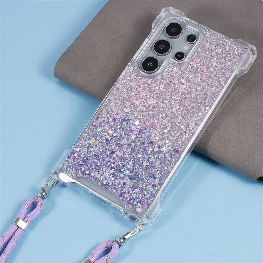 For Samsung Galaxy S23 Ultra Case Gradient TPU+Acrylic Phone Back Cover with Strap - Pink+Purple - 3