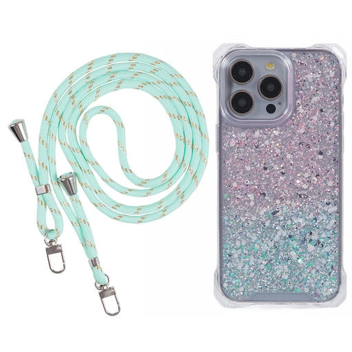 For iPhone 15 Pro Max   Phone Cases Gradient Color Shell TPU+Acrylic Phone Cover with Strap - Pink+Green - 1