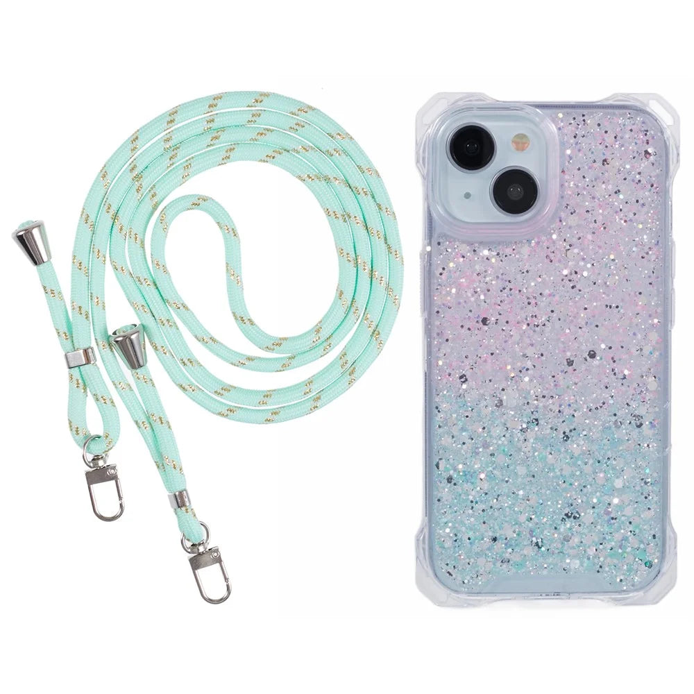 For iPhone 13 Dual-Color Gradient Phone Case Slim-Fit TPU+Acrylic Cell Phone Shell with Strap - Pink+Green - 1