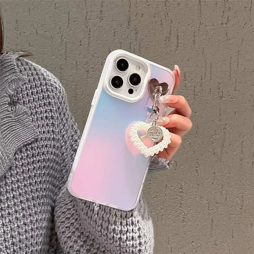 For iPhone 15 Pro Anti-drop Case Matte Laser PC+TPU Phone Cover with Pearls Heart Pendant - White - 3