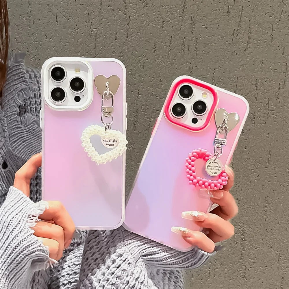 For iPhone 15 Pro Anti-drop Case Matte Laser PC+TPU Phone Cover with Pearls Heart Pendant - White - 7