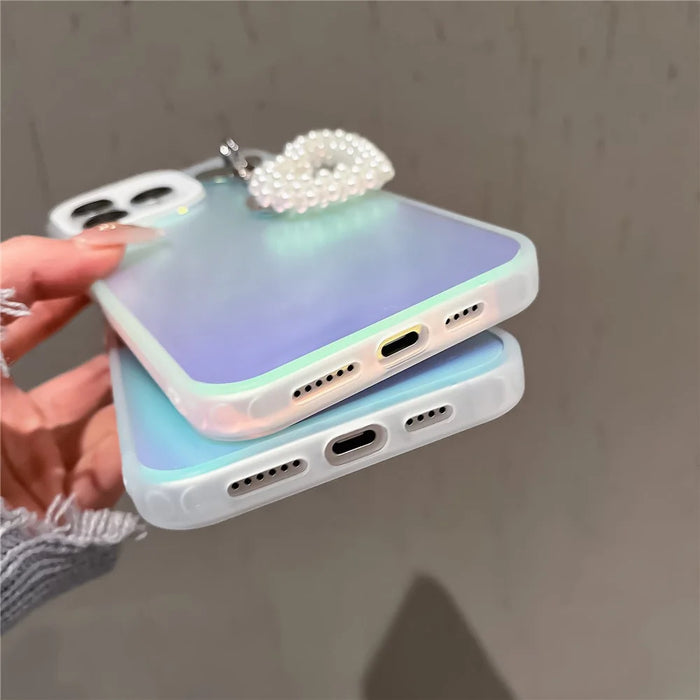For iPhone 14 Pro Case Laser Effect PC+TPU Matte Phone Cover with Pearls Heart Pendant - White - 5