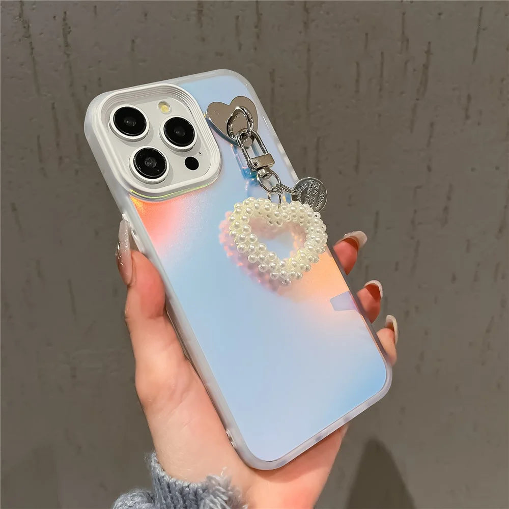 For iPhone 14 Pro Max Case Matte Laser Effect PC+TPU Phone Cover with Pearls Heart Pendant - White - 2