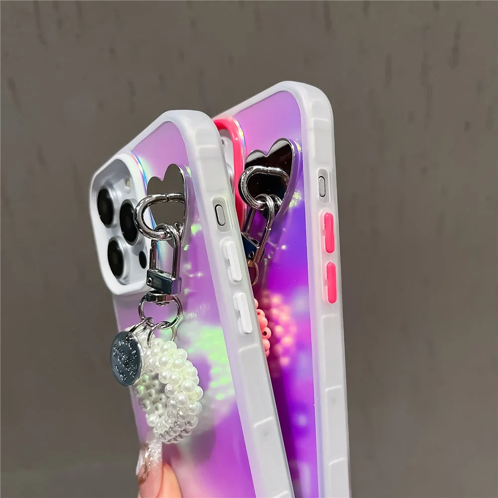 For iPhone 14 Pro Max Case Matte Laser Effect PC+TPU Phone Cover with Pearls Heart Pendant - White - 6