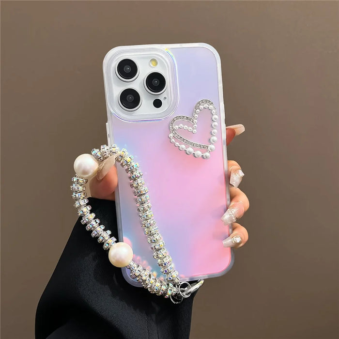 For iPhone 15 Pro Max Case Matte Laser Effect PC+TPU Pearls Heart Phone Cover with Hand Strap - Transparent - 1