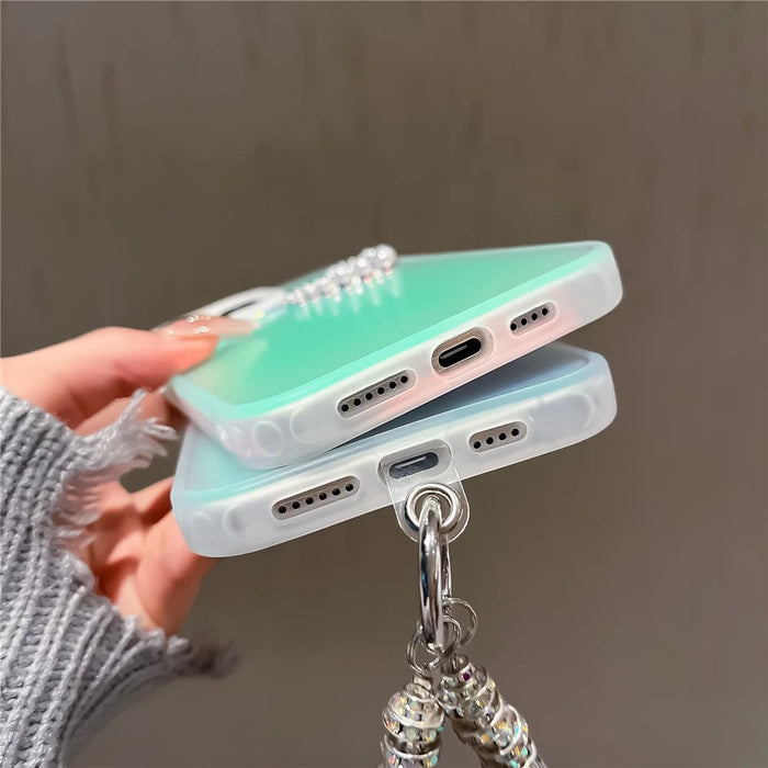 For iPhone 15 Pro Max Case Matte Laser Effect PC+TPU Pearls Heart Phone Cover with Hand Strap - Transparent - 5