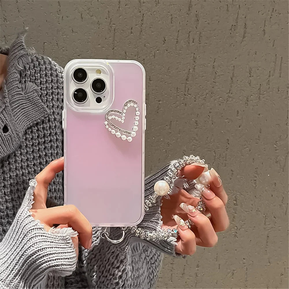For iPhone 12 / 12 Pro 6.1 inch Case Laser Effect PC+TPU Pearls Heart Decor Phone Cover with Hand Strap - Transparent - 2