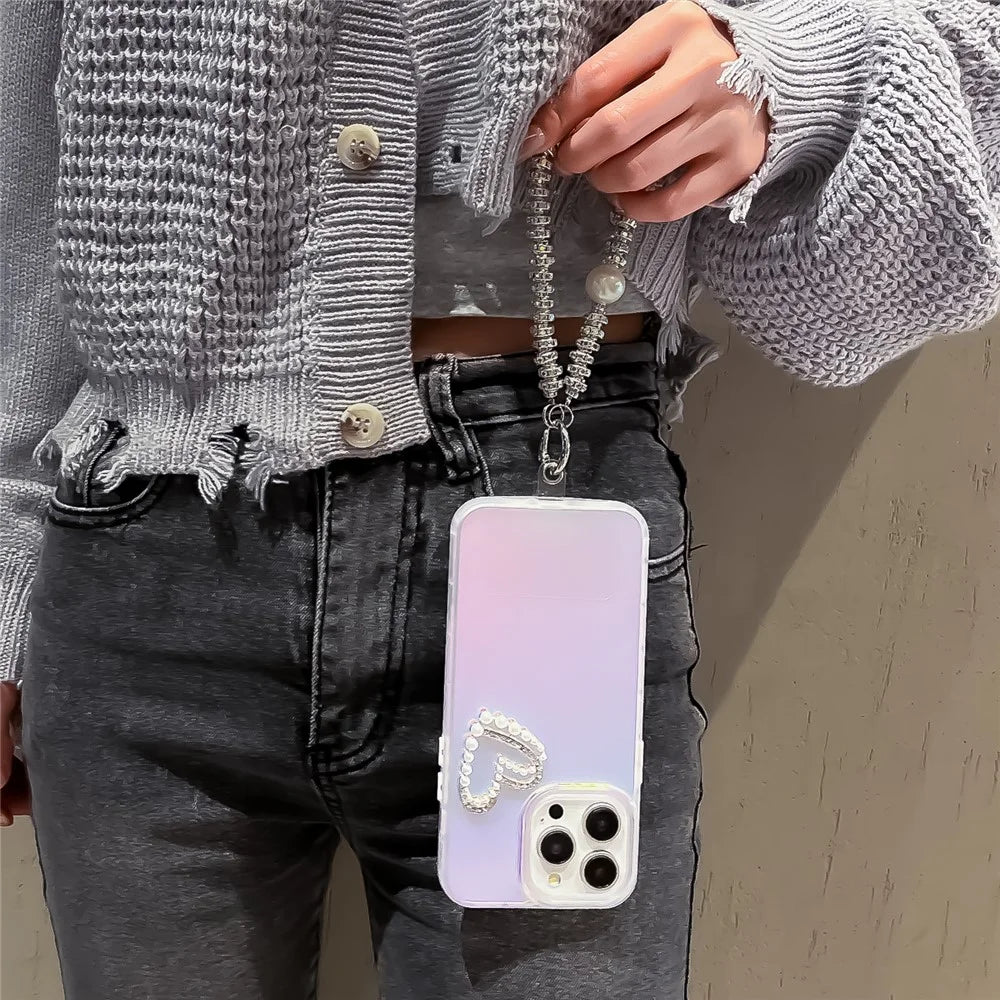 For iPhone 12 / 12 Pro 6.1 inch Case Laser Effect PC+TPU Pearls Heart Decor Phone Cover with Hand Strap - Transparent - 4