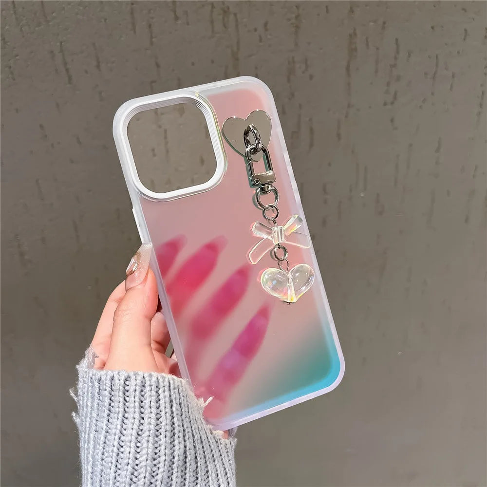 For iPhone 14 Pro Max Phone Case Heart Bowknot Pendant Laser Effect PC+TPU Cover - Transparent - 5