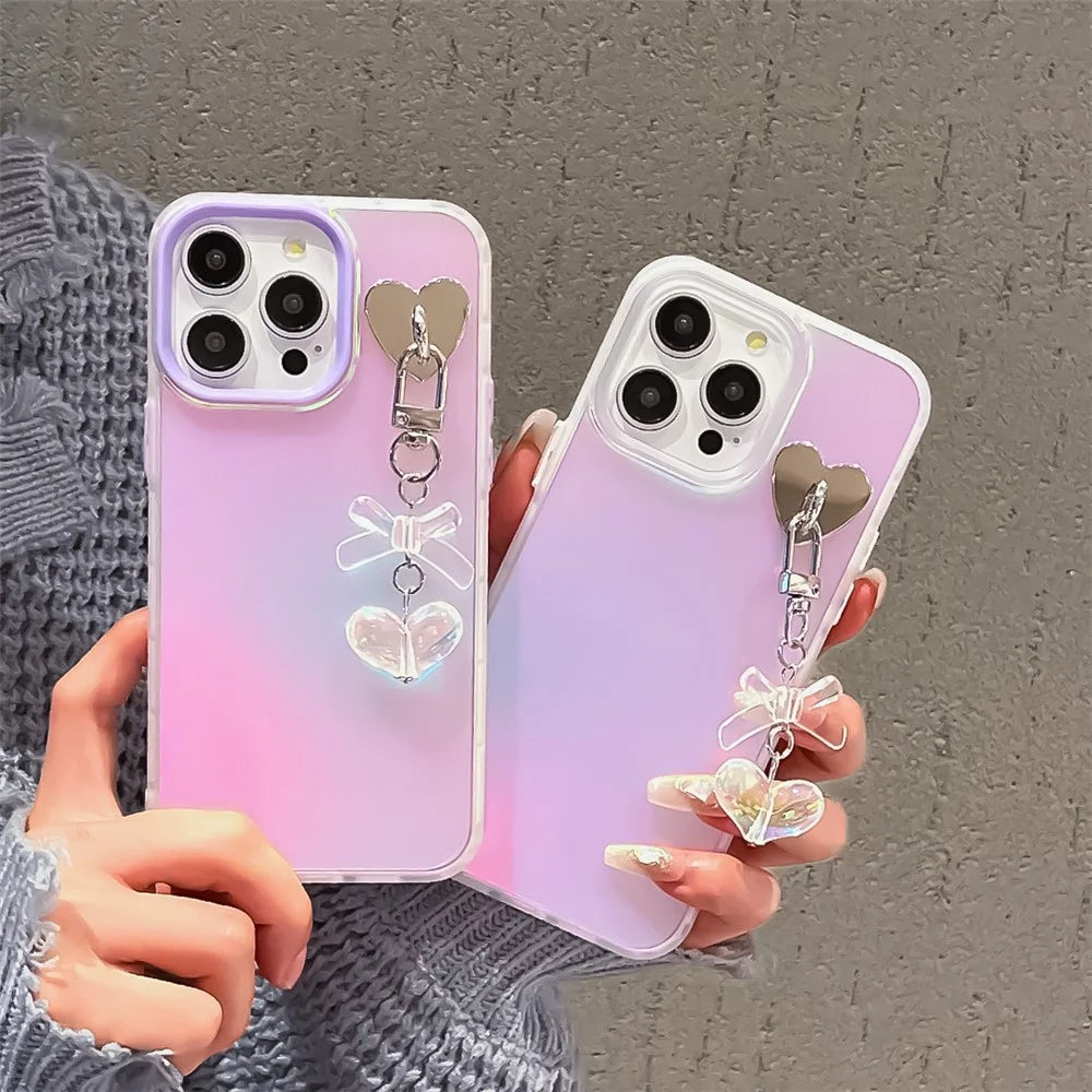 For iPhone 14 Pro Max Phone Case Heart Bowknot Pendant Laser Effect PC+TPU Cover - Transparent - 7