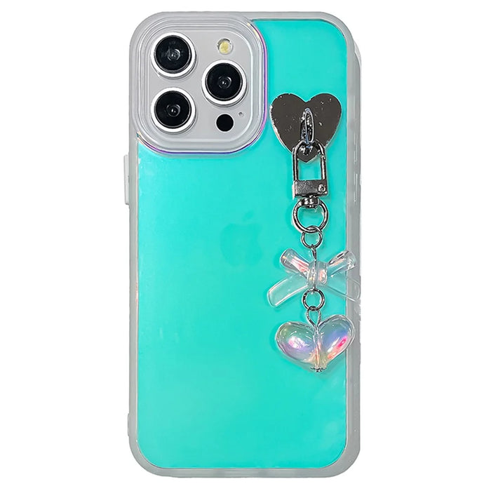 For iPhone 14 Pro Case Laser Effect Matte PC+TPU Phone Cover with Heart Bowknot Pendant - Transparent - 1