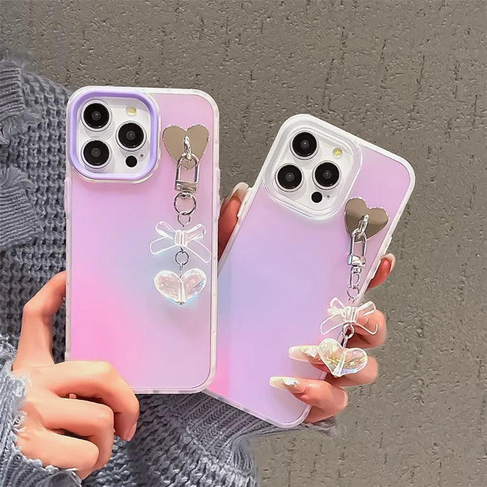 For iPhone 14 Pro Case Laser Effect Matte PC+TPU Phone Cover with Heart Bowknot Pendant - Transparent - 7