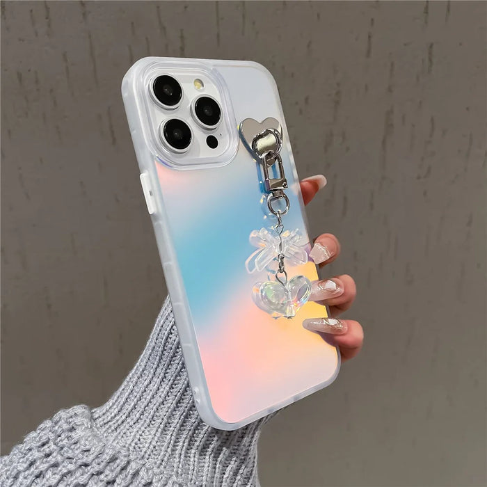 For iPhone 13 Pro Case Laser Effect Matte PC+TPU Phone Cover with Heart Bowknot Pendant - Transparent - 2