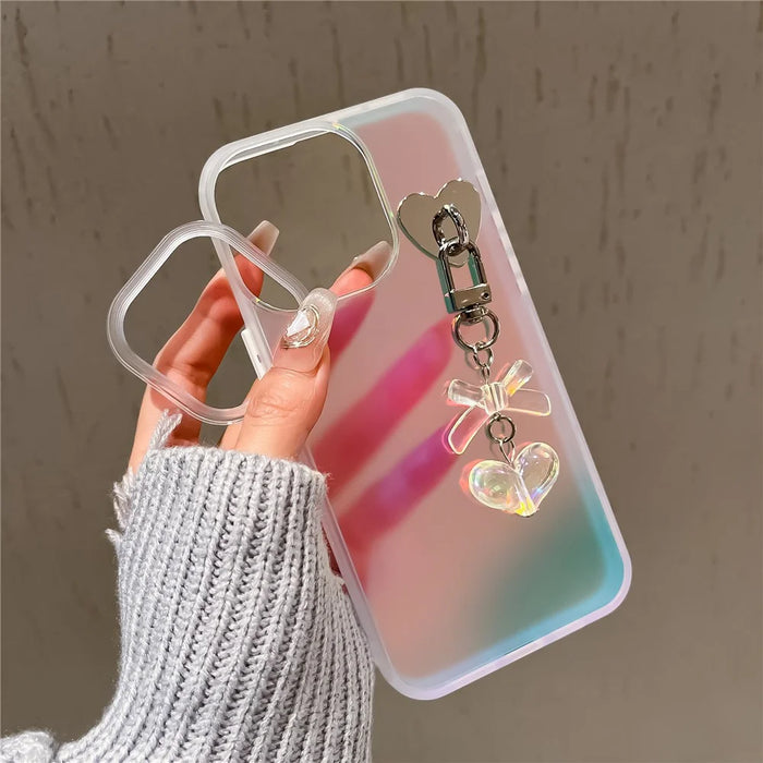 For iPhone 13 Pro Case Laser Effect Matte PC+TPU Phone Cover with Heart Bowknot Pendant - Transparent - 3