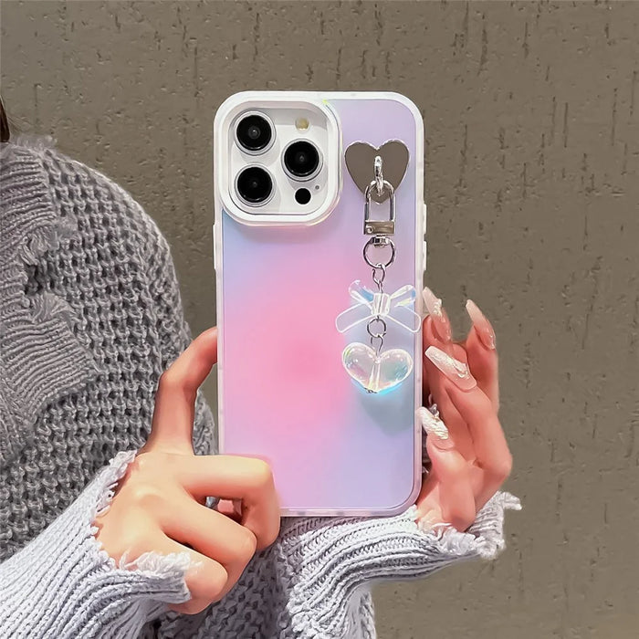 For iPhone 12 Pro Max Case Laser Effect Matte PC+TPU Phone Cover with Heart Bowknot Decor - Transparent - 6