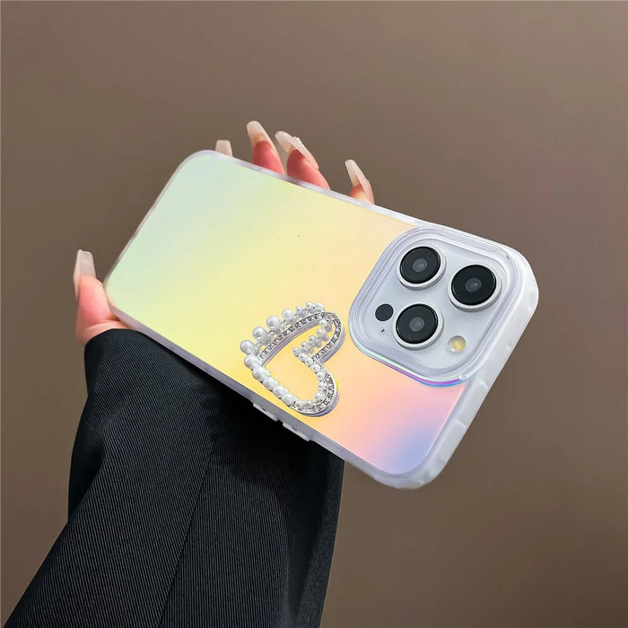 For iPhone 15 Pro Max Laser Effect Case PC+TPU Matte Phone Cover with Pearls Heart Decor - Transparent - 4