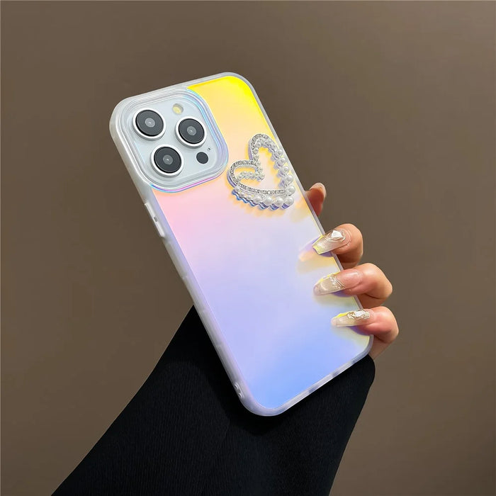 For iPhone 13 Pro 6.1 inch Case Laser Effect PC+TPU Pearls Heart Decor Matte Phone Cover - Transparent - 3