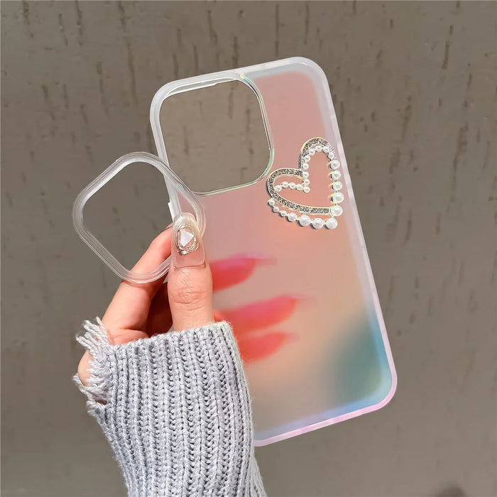 For iPhone 13 Pro 6.1 inch Case Laser Effect PC+TPU Pearls Heart Decor Matte Phone Cover - Transparent - 5