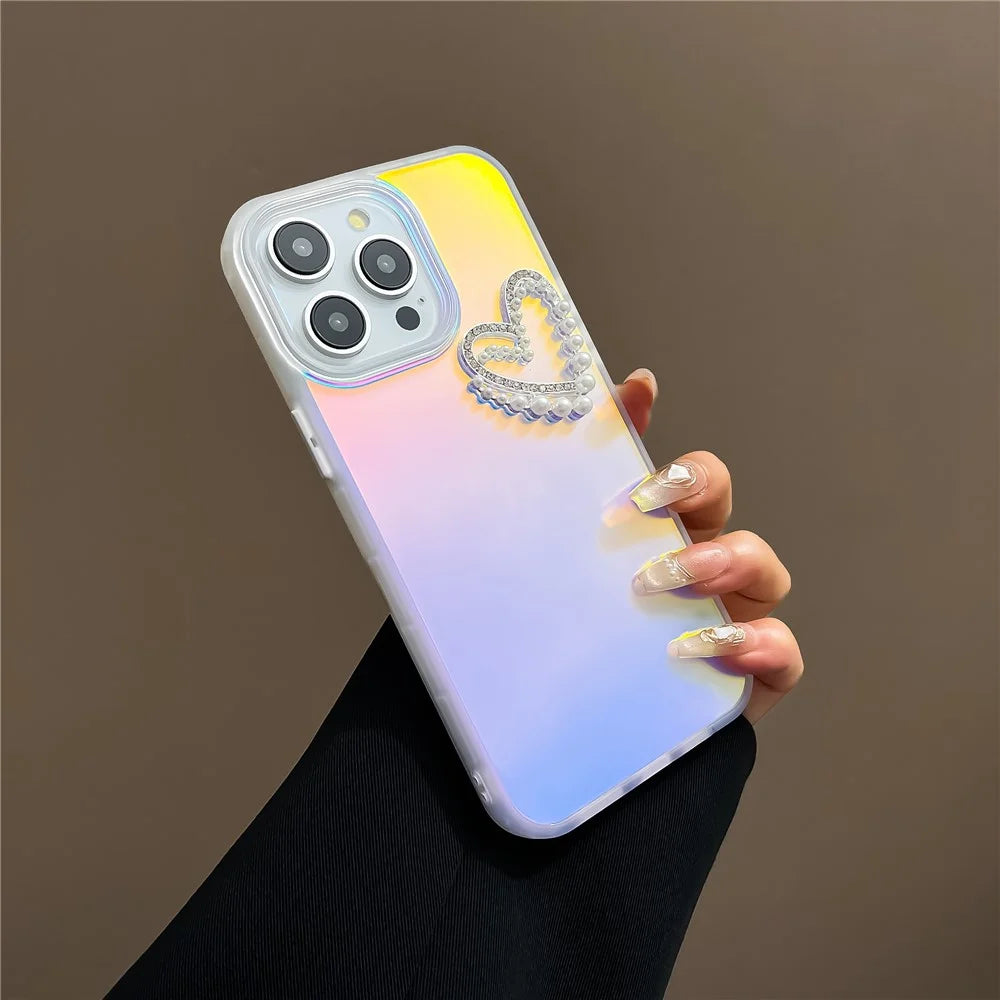 PC+TPU Shell for iPhone 12 Pro Max Laser Effect Case Matte Phone Cover with Pearls Heart Decor - Transparent - 3