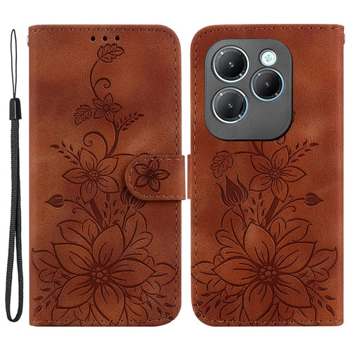 For Infinix Hot 40 / 40 Pro Case Card Slots PU Leather Wallet Phone Cover Flower Imprinted - Brown - 1
