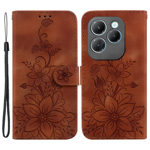 For Infinix Hot 40 / 40 Pro Case Card Slots PU Leather Wallet Phone Cover Flower Imprinted - Brown - 1
