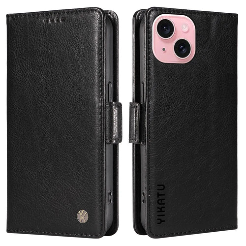YIKATU YK-007 For iPhone 15 Leather Case Wallet Card Slots Folio Flip Phone Cover - Black - 1