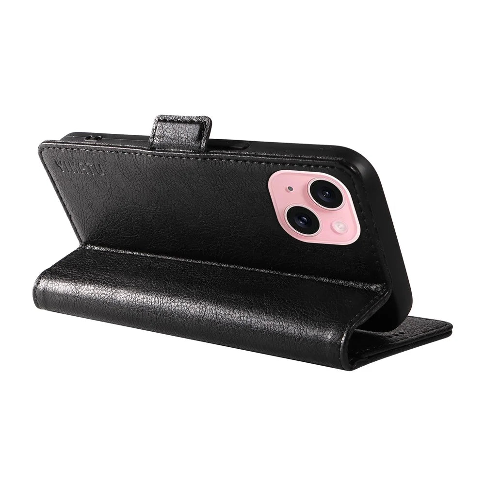 YIKATU YK-007 For iPhone 15 Leather Case Wallet Card Slots Folio Flip Phone Cover - Black - 4