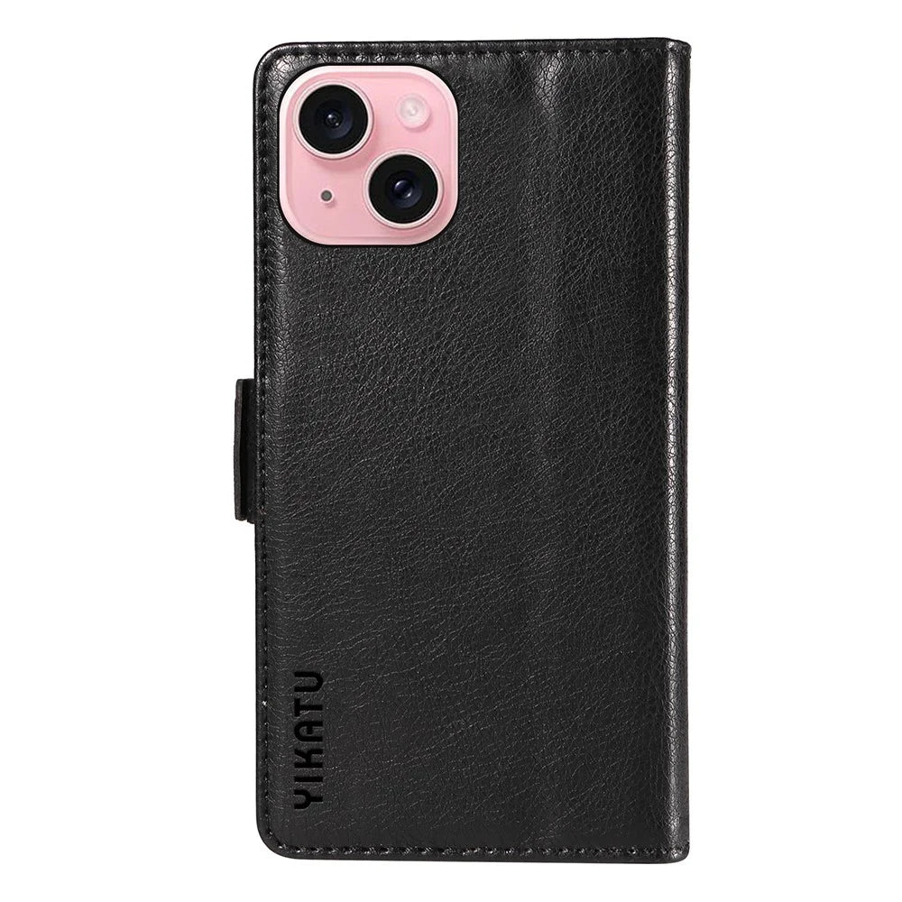 YIKATU YK-007 For iPhone 15 Leather Case Wallet Card Slots Folio Flip Phone Cover - Black - 7