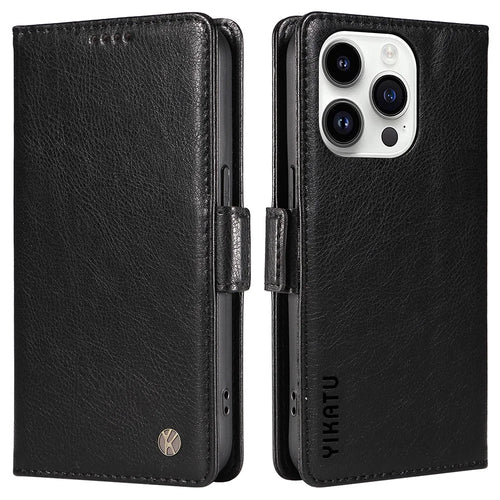 YIKATU YK-007 For iPhone 14 Pro Wallet Case Side Magnetic Clasp PU Leather Phone Cover - Black - 1