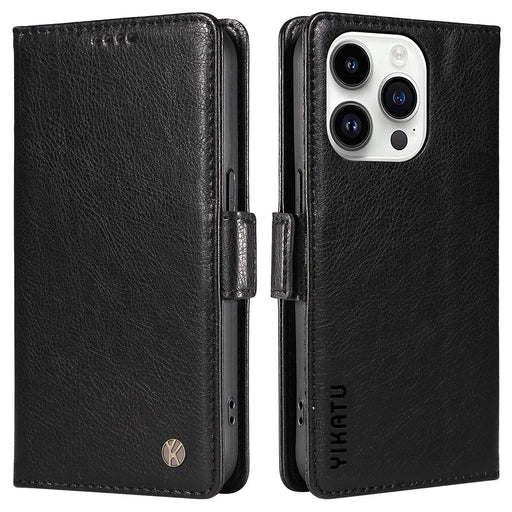 YIKATU YK-007 For iPhone 14 Pro Wallet Case Side Magnetic Clasp PU Leather Phone Cover - Black - 1