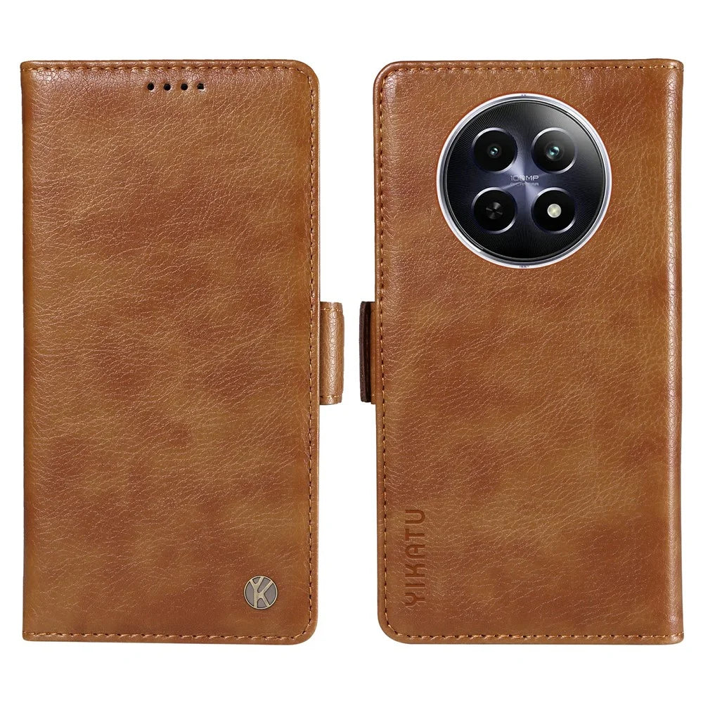 YIKATU YK-007 For Realme 12 5G Leather Phone Cover Magnetic Side Clasps Protective Case - Brown - 1