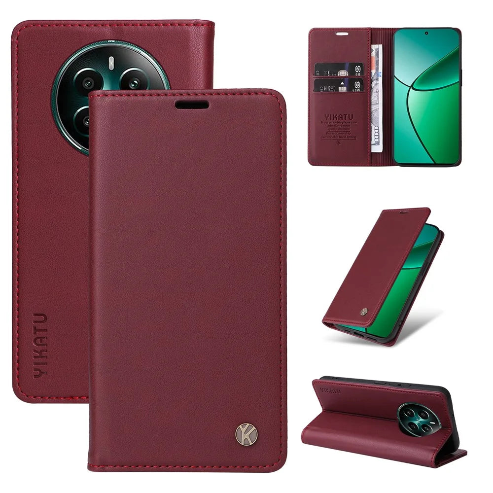 YIKATU YK-001 For Realme 12 4G / 12+ 5G Case Magnetic Closure Leather Phone Case - Wine Red - 6