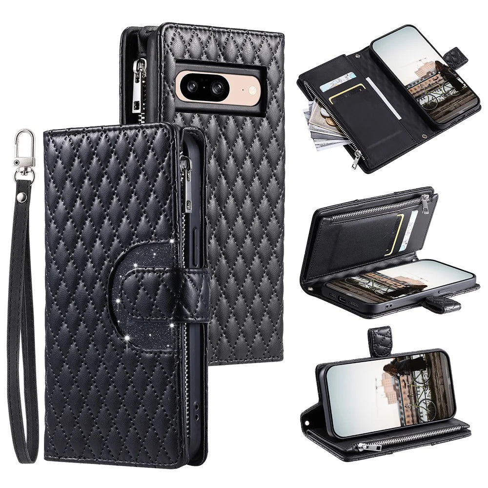 Style 012 for Google Pixel 8 Wallet Case Rhombus PU Leather Shockproof Phone Cover - Black - 1
