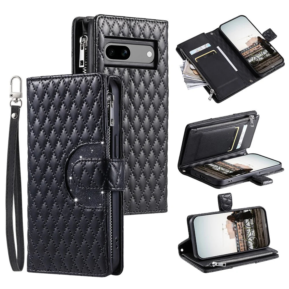 Style 012 for Google Pixel 8a Case Leather Glitter Design Phone Cover with Card Slots - Black - 1
