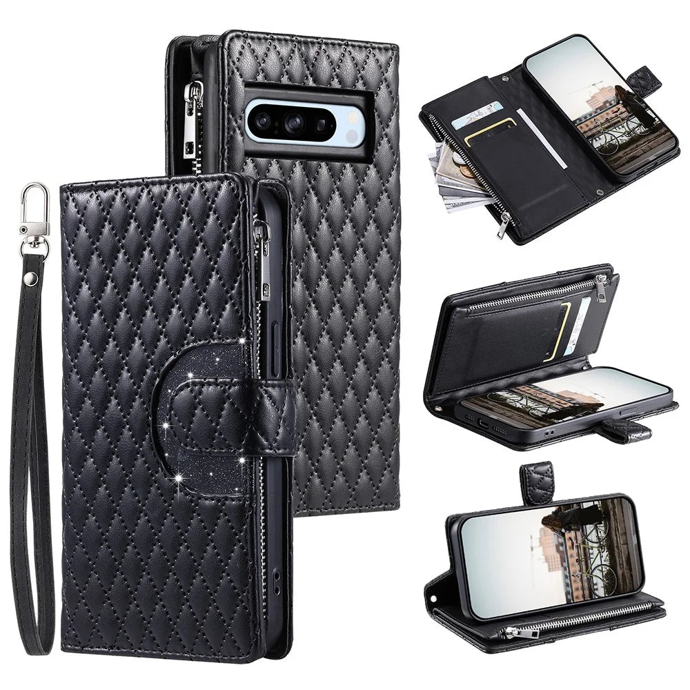 Style 012 for Google Pixel 8 Pro Zipper Wallet Anti-scratch Case Rhombus PU Leather Phone Cover - Black - 1
