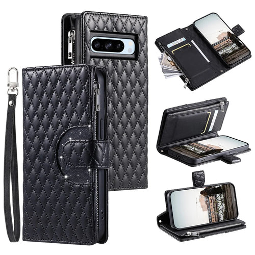 Style 012 for Google Pixel 8 Pro Zipper Wallet Anti-scratch Case Rhombus PU Leather Phone Cover - Black - 1