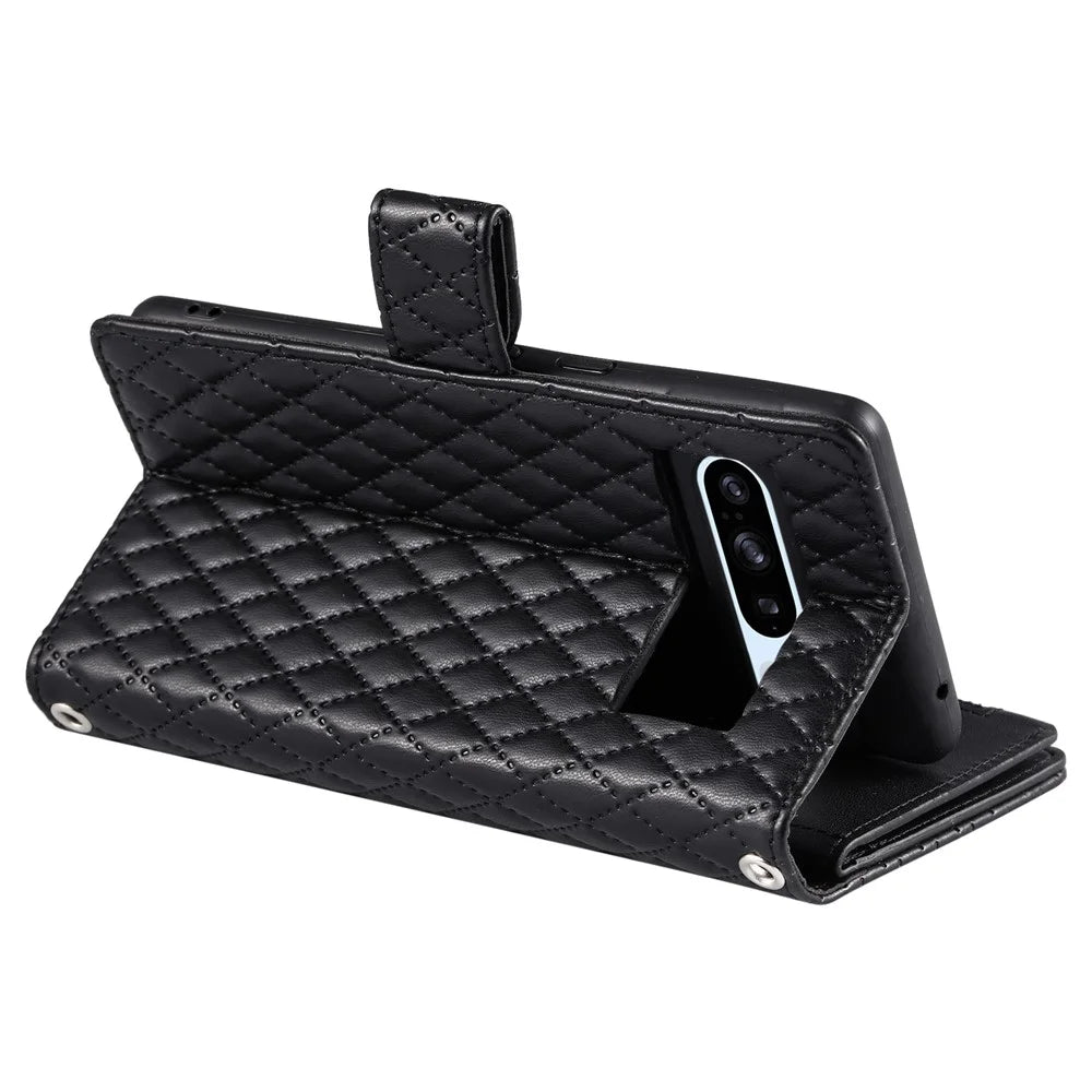 Style 012 for Google Pixel 8 Pro Zipper Wallet Anti-scratch Case Rhombus PU Leather Phone Cover - Black - 6