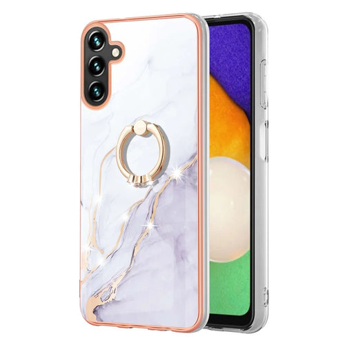 For Samsung Galaxy A55 5G Case with Ring Kickstand Marble Pattern Electroplating TPU Back Cover - White 006 - 1