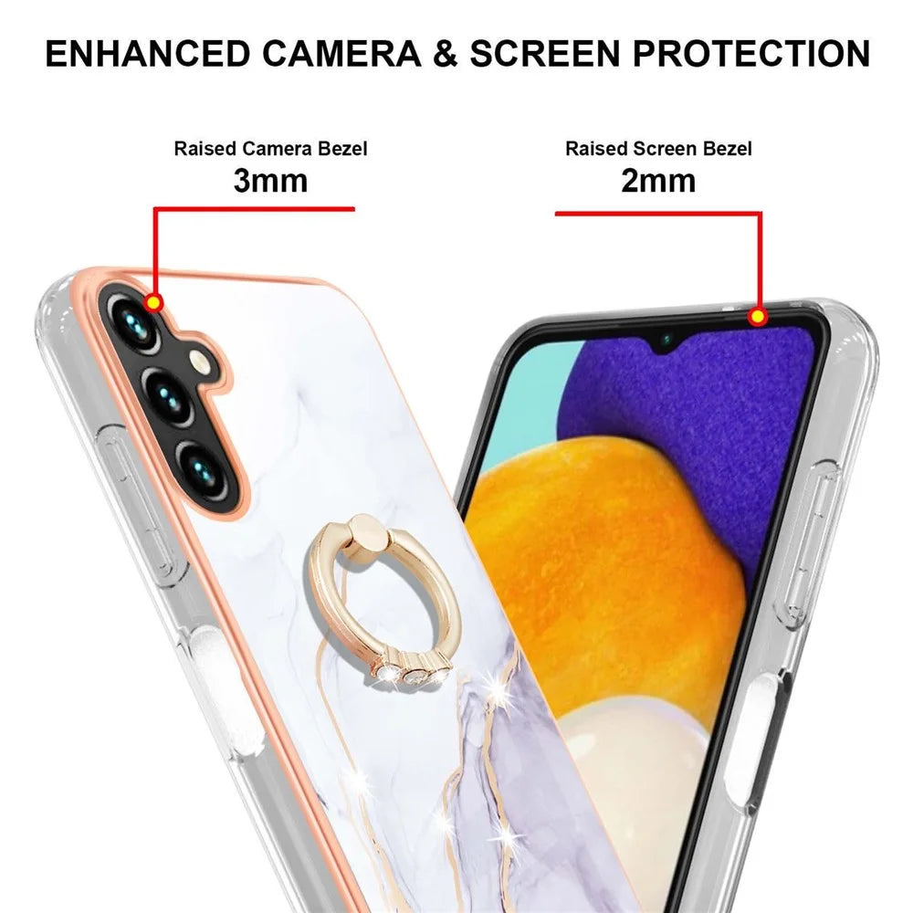 For Samsung Galaxy A55 5G Case with Ring Kickstand Marble Pattern Electroplating TPU Back Cover - White 006 - 3